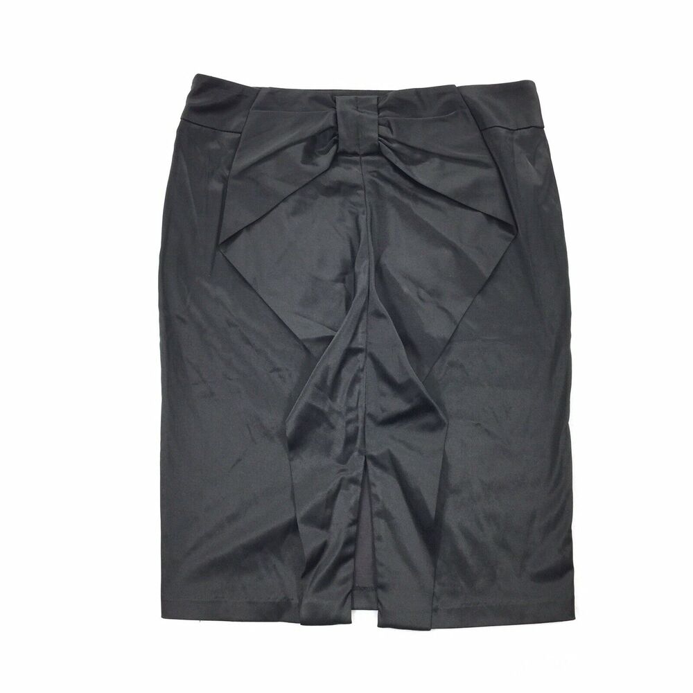 My Michelle Bow Back Detail Pencil Skirt Size 5 Womens Solid Black Satin Fitted